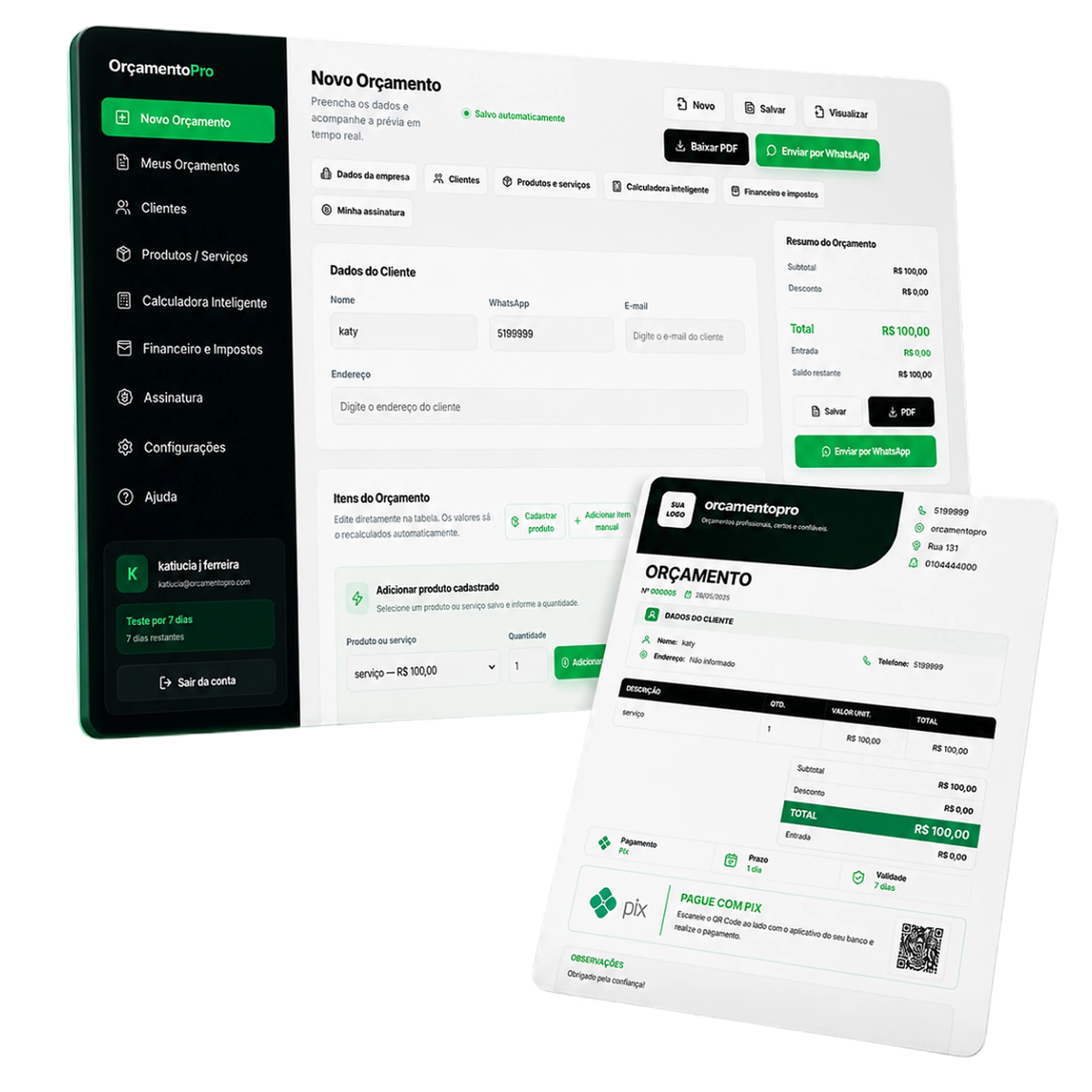 Sistema de orçamento online OrçamentoPro com painel financeiro e orçamento profissional em PDF